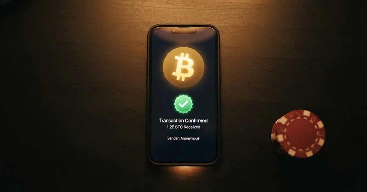 Écran de casino en ligne crypto affichant un dépôt en bitcoin sans introduire de coordonnées bancaires