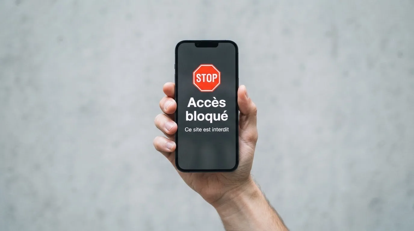 Main tenant un smartphone affichant un message d'avertissement d'accès bloqué