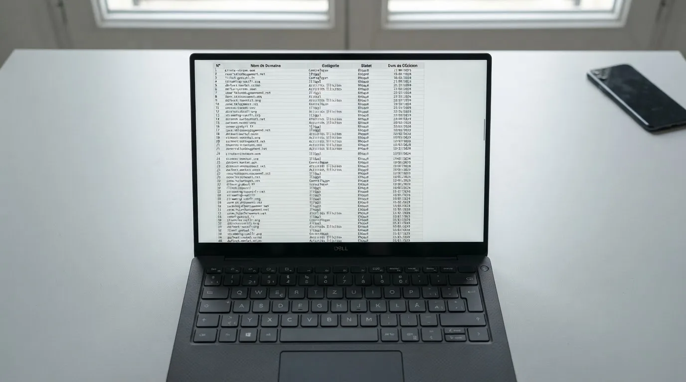 A browser window displaying a long CSV-style list of blocked website domains with decision dates in a column, no brand logos