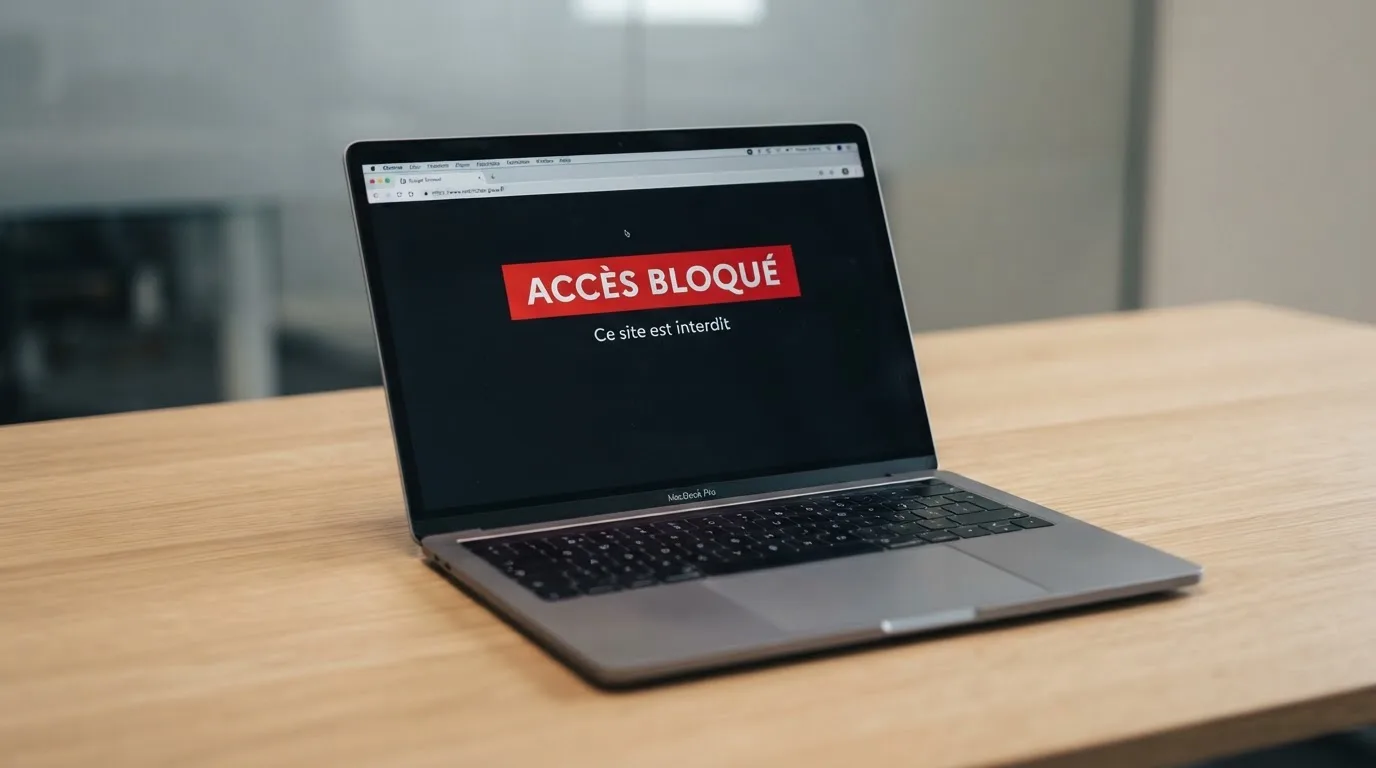 Page d'un navigateur affichant un message d'accès bloqué à un site de jeu, symbolisant le blocage administratif