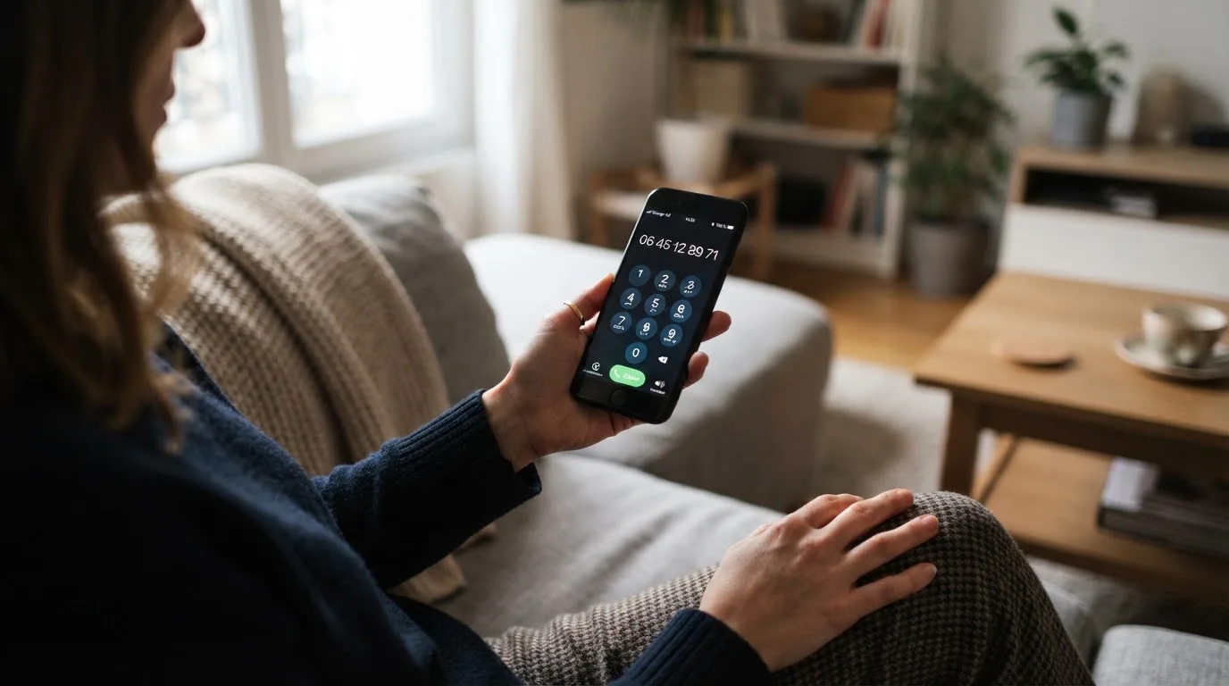 Une personne compose sur son smartphone le numéro d'un service d'aide et d'écoute pour joueurs en difficulté.