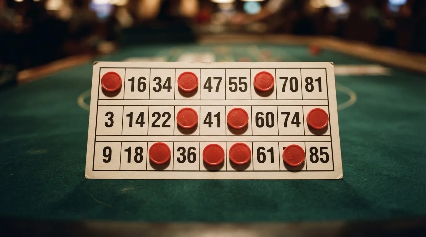Grille de bingo avec un carton 3 lignes sur 9 colonnes et des jetons numérotés posés dessus