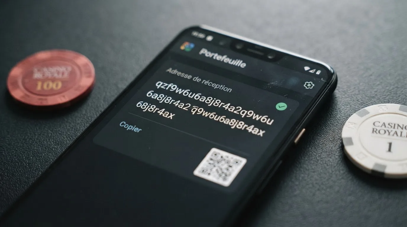 Gros plan sur une application de portefeuille crypto affichant une adresse Bitcoin Cash au format CashAddr commençant par la lettre q, sur fond de pièces BCH.
