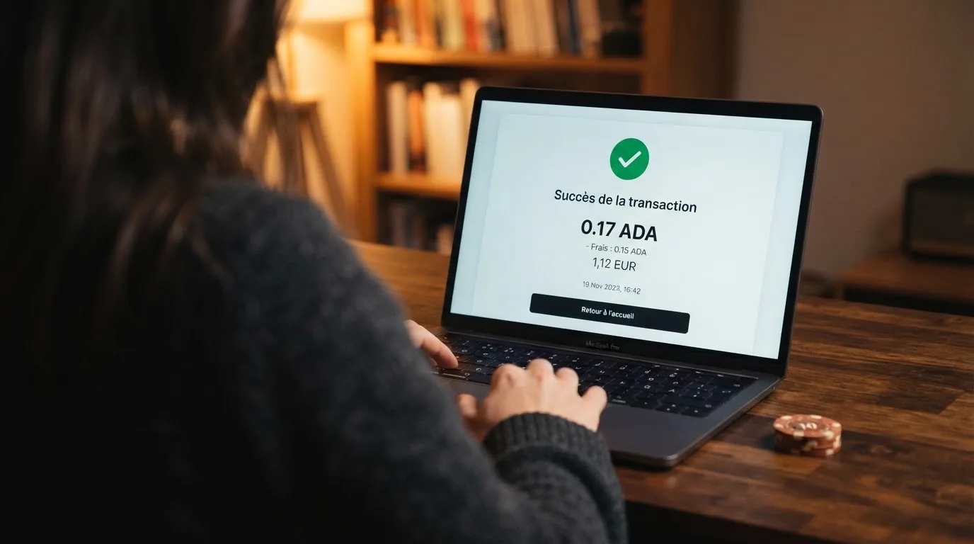 Confirmation d'une transaction Cardano affichée sur l'interface d'un casino en ligne, avec le montant des frais de réseau détaillé