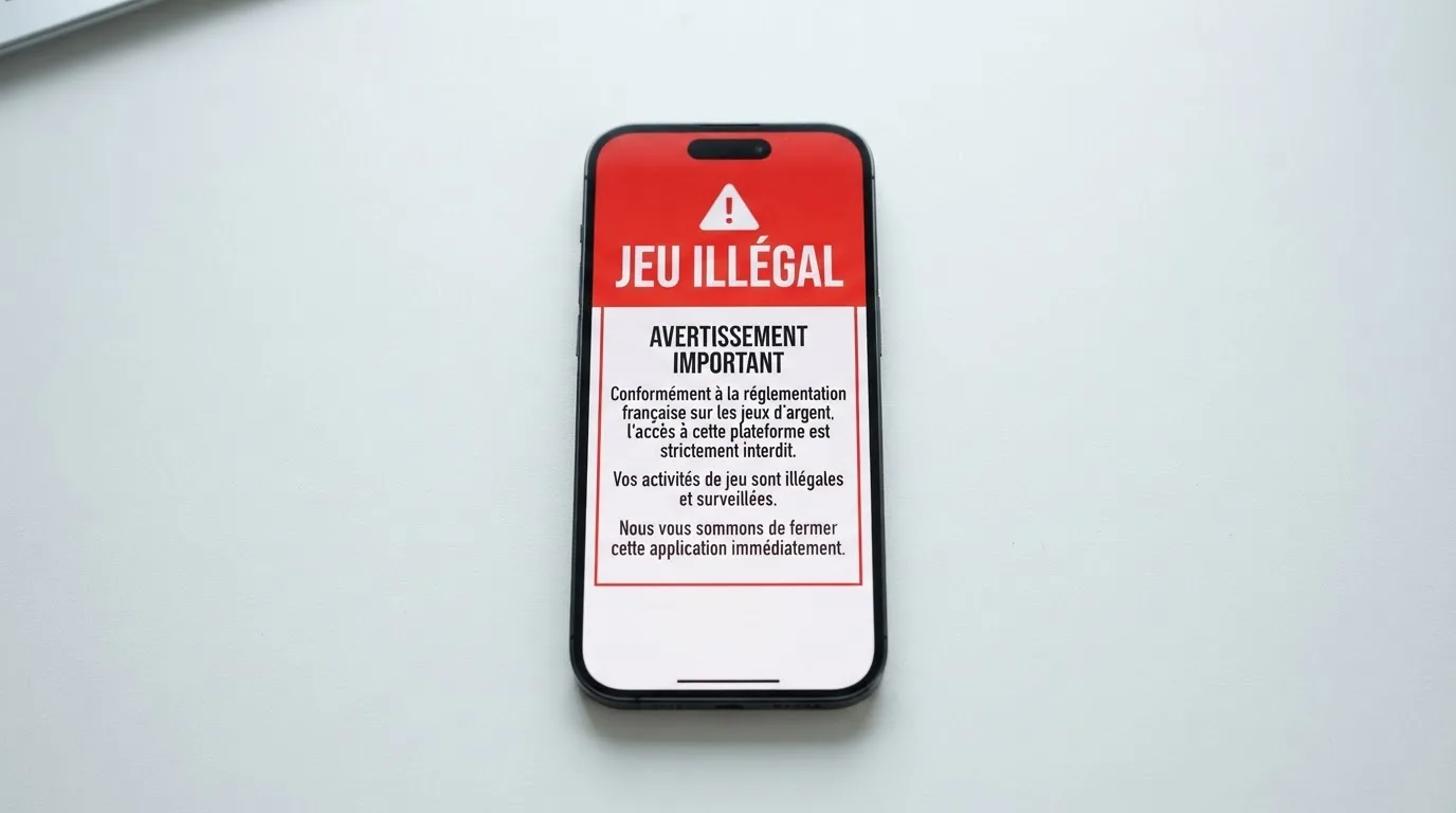 Écran de smartphone affichant un avertissement officiel sur les jeux d'argent illégaux en ligne en France
