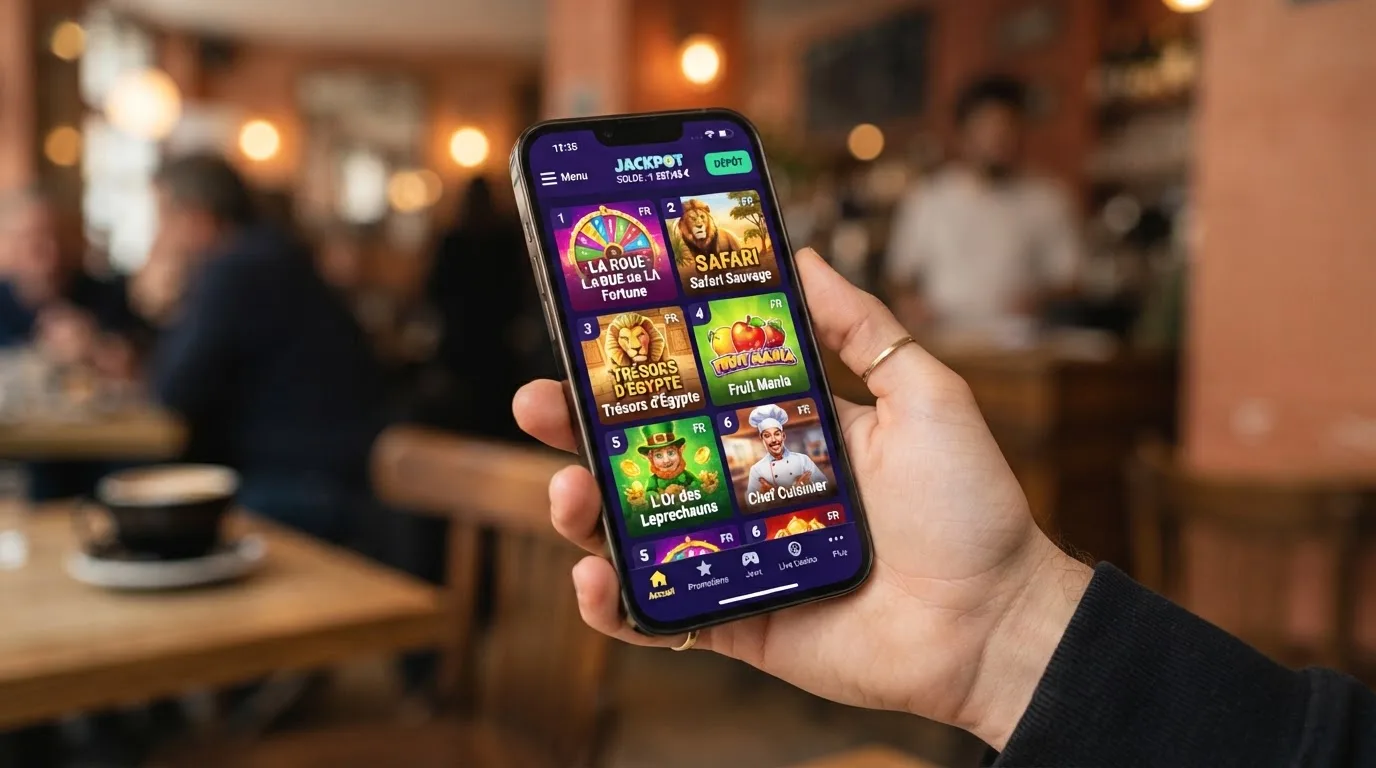 a hand holding a smartphone displaying a casino game lobby in portrait orientation