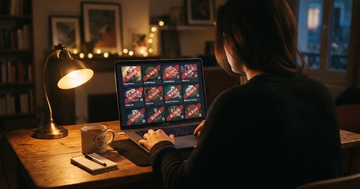a French player looking at a screen listing several offshore casino brand logos crossed out with a « blocked » ribbon