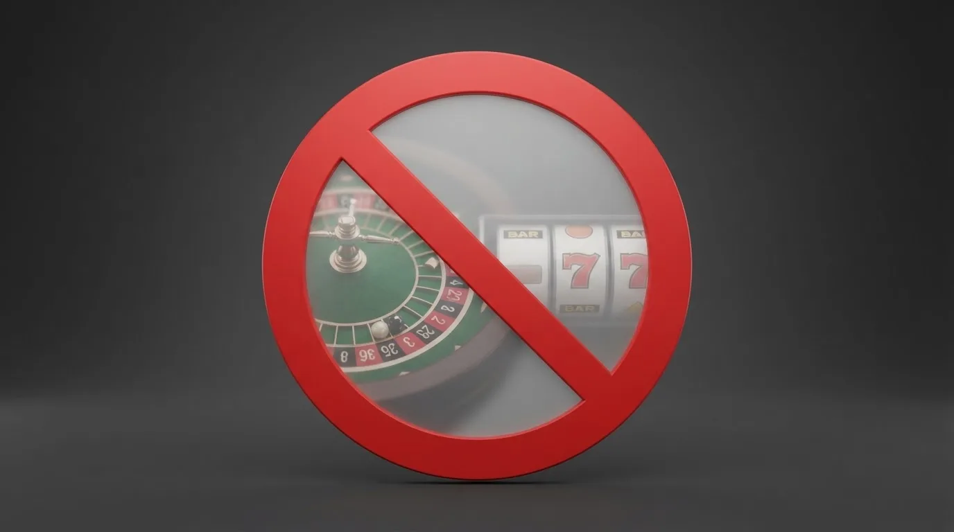 pictogramme d'interdiction superposé à une roulette et des machines à sous, illustrant l'interdiction du casino en ligne en France