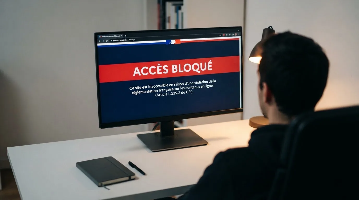 Un écran d'ordinateur affiche un message d'accès bloqué à un site de jeux d'argent non autorisé, sur fond de drapeau français stylisé.