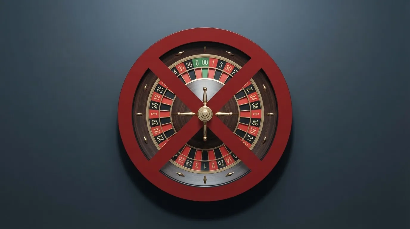 Le logo de l'Autorité nationale des jeux (ANJ) associé à un symbole d'interdiction sur fond de roulette de casino.