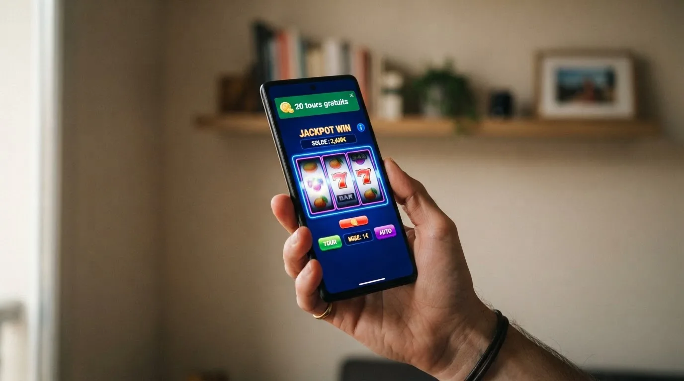 Écran de smartphone affichant l'interface mobile d'un casino en ligne avec une notification de tours gratuits