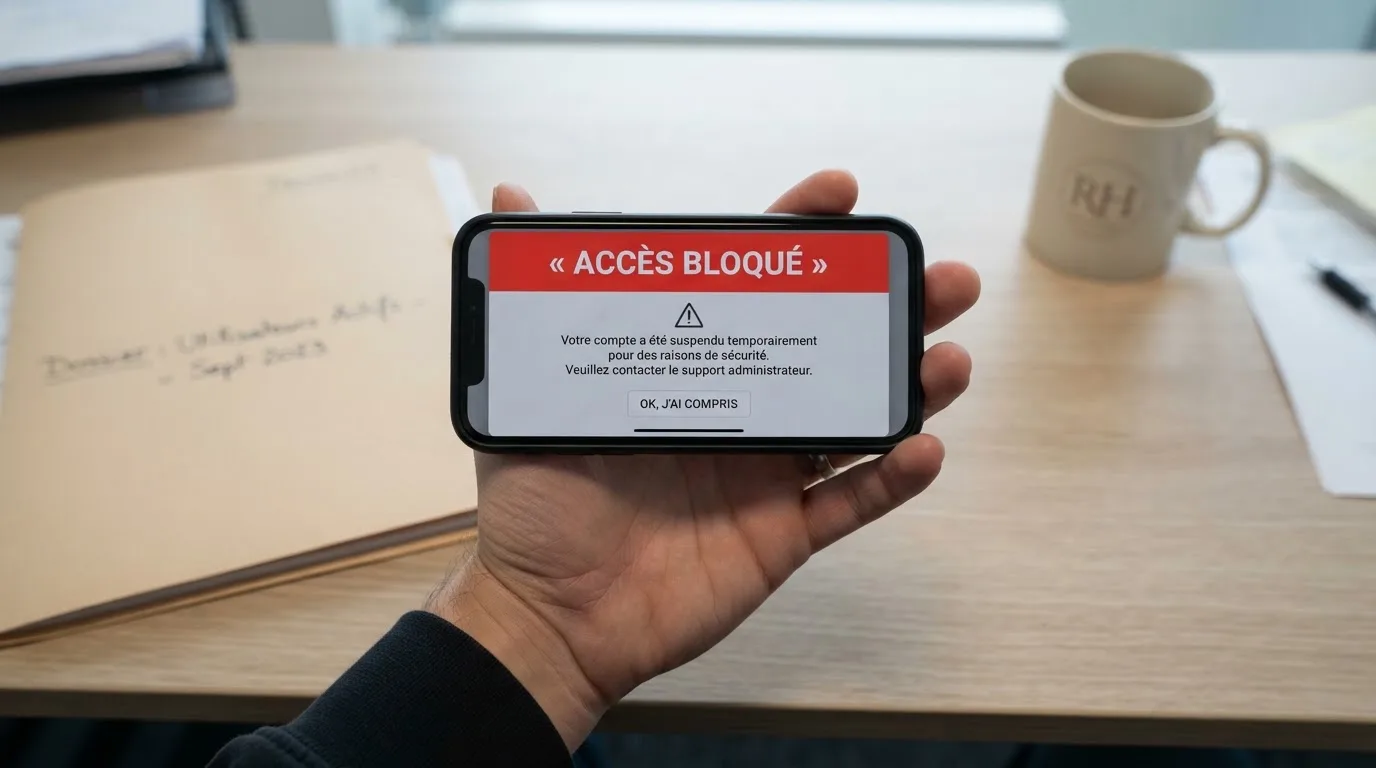 Main tenant un smartphone affichant un écran de blocage de site avec un message d'avertissement rouge, dans un décor évoquant un bureau administratif français.