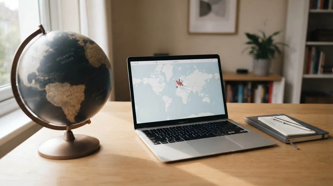 Un globe terrestre posé à côté d'un ordinateur portable affichant une carte du monde.