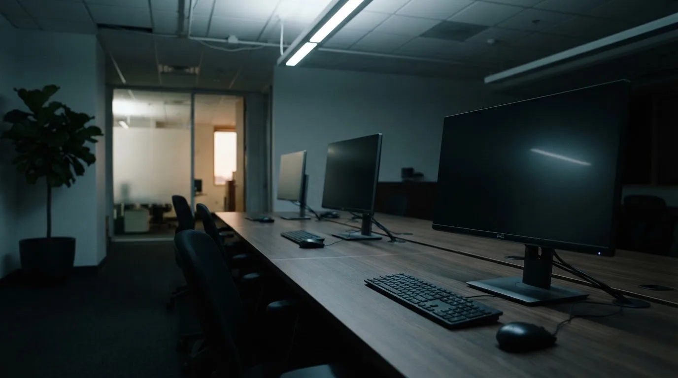 Une rangée d'écrans d'ordinateur éteints dans un bureau vide.
