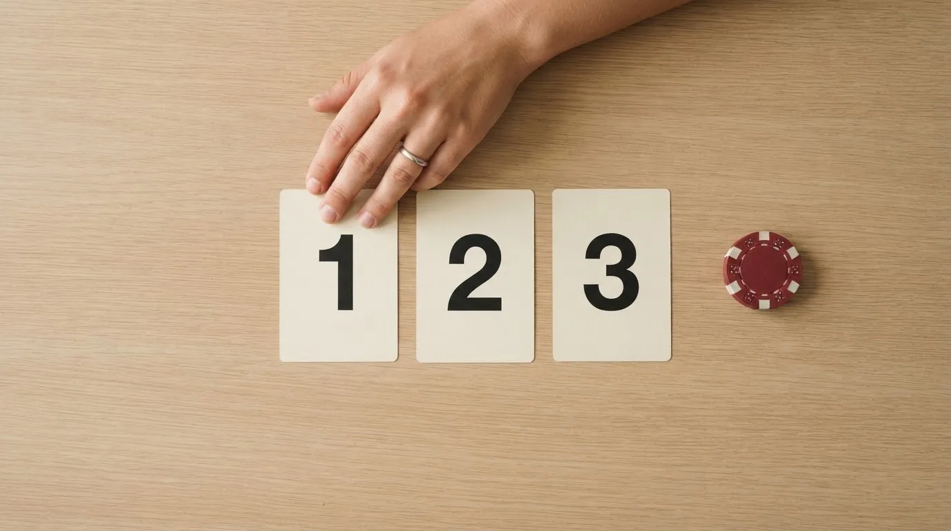 overhead flat-lay of a hand ranking printed casino logos on numbered cards on a desk