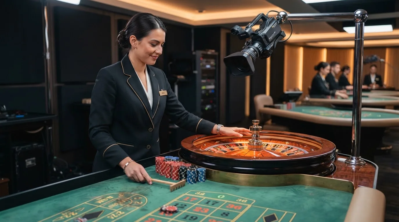 a live dealer standing at a roulette wheel under studio lighting, streaming camera visible above the table