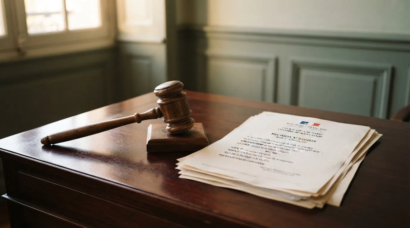 A gavel resting beside official regulatory documents on a wooden desk