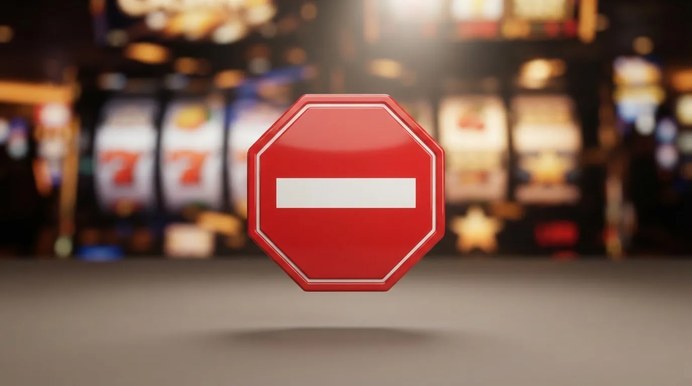 a red official-style stop/prohibition icon overlaid on a blurred casino slot-reel background