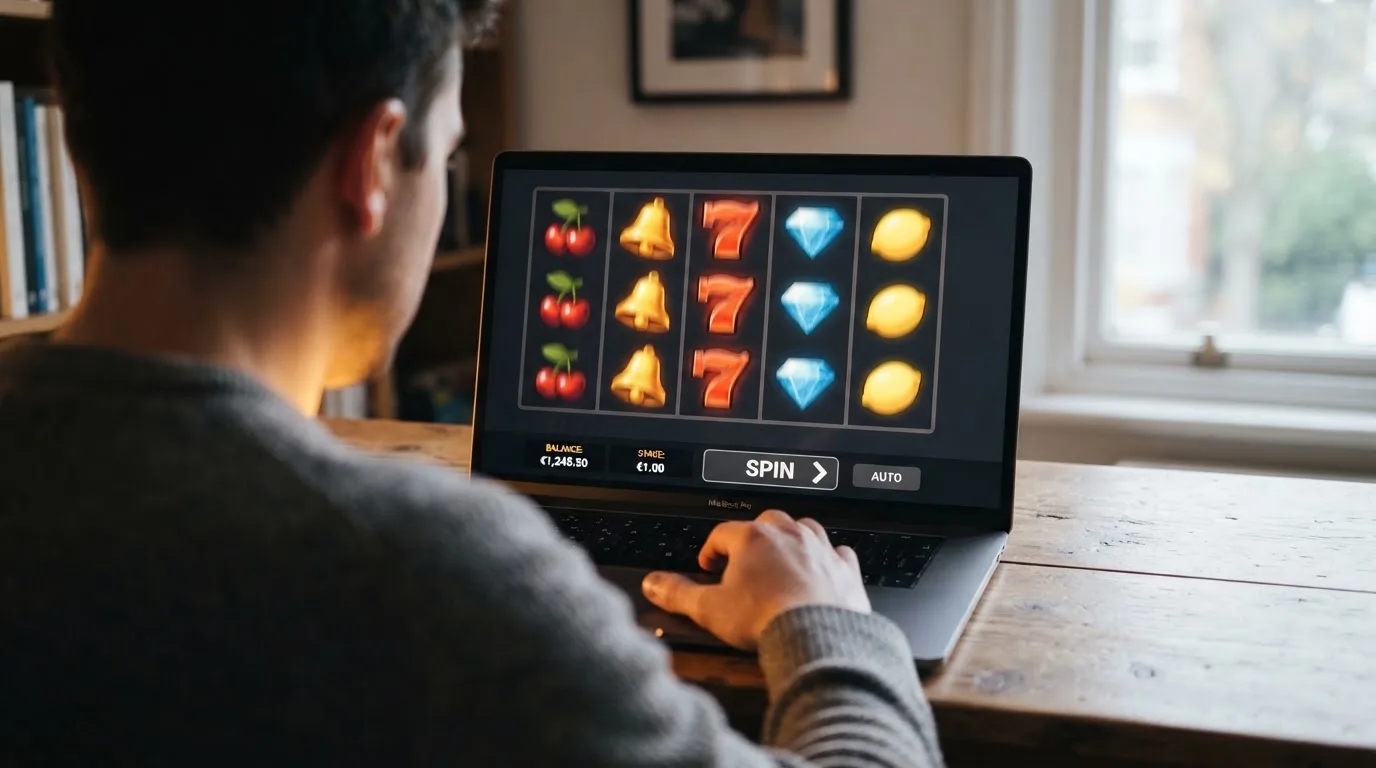 Rouleaux de machine à sous animés sur l'écran d'un casino en ligne, sans marque de casino visible