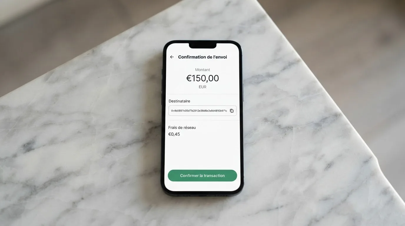Capture d'un portefeuille bitcoin affichant l'envoi d'une transaction vers une adresse de dépôt