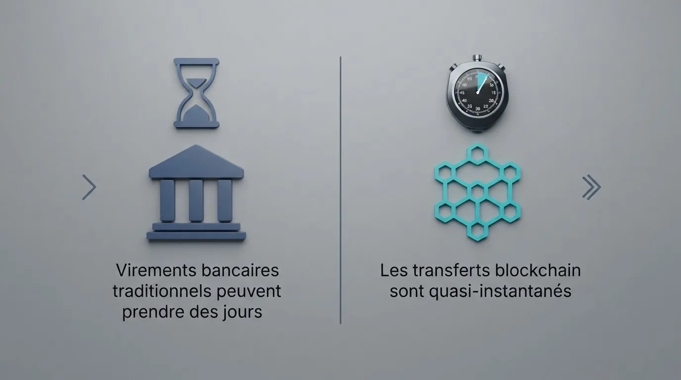 a split-screen graphic comparing a slow bank-transfer icon against a fast blockchain-transfer icon with a stopwatch
