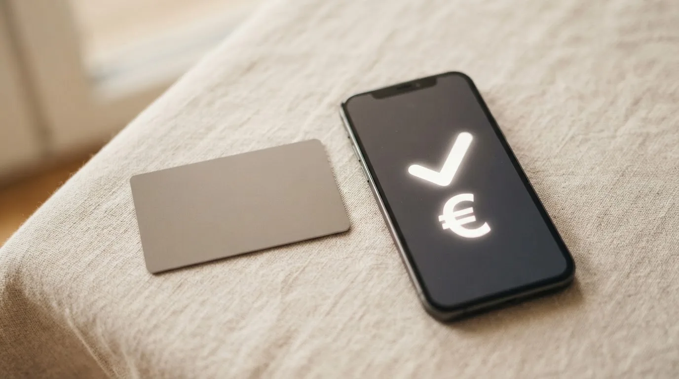 Close-up of a bank card and a smartphone displaying a payment confirmation screen