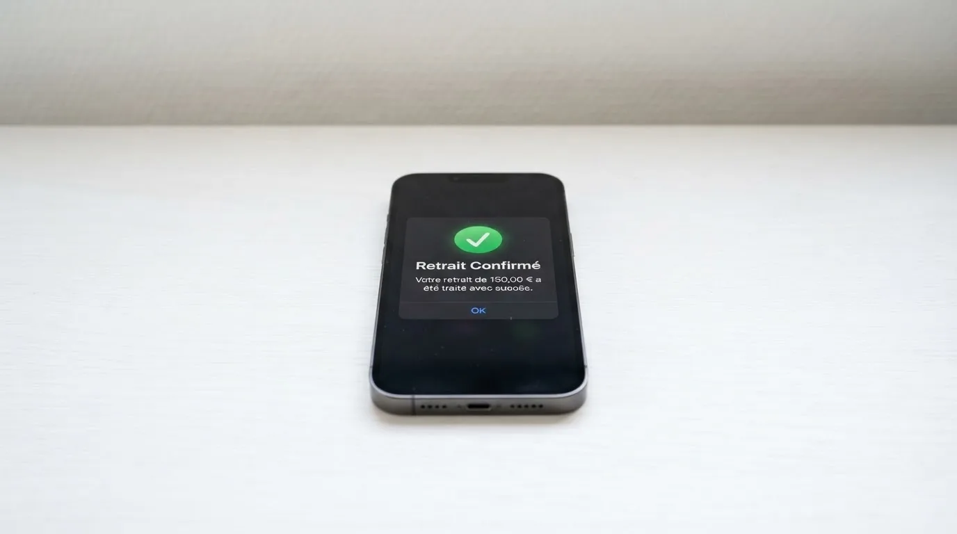 notification de confirmation de retrait affichée sur un téléphone mobile