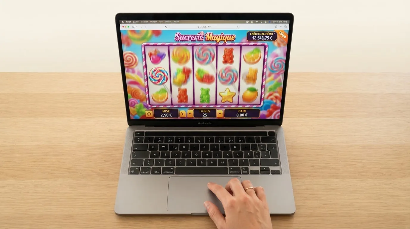 Interface de mode démo d'une machine à sous en ligne, avec un solde affiché en argent fictif