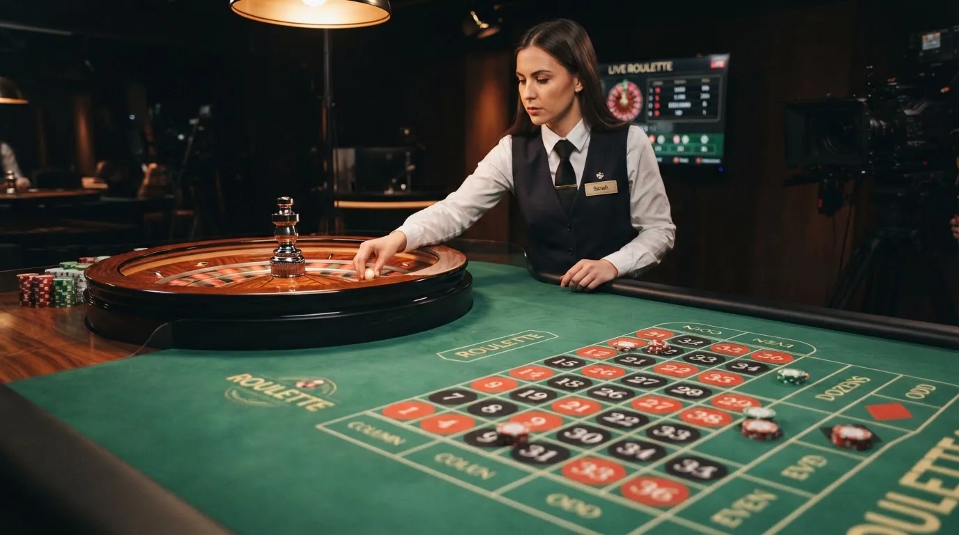 Table de roulette en direct avec croupier, telle que proposée sur les plateformes de casino en ligne