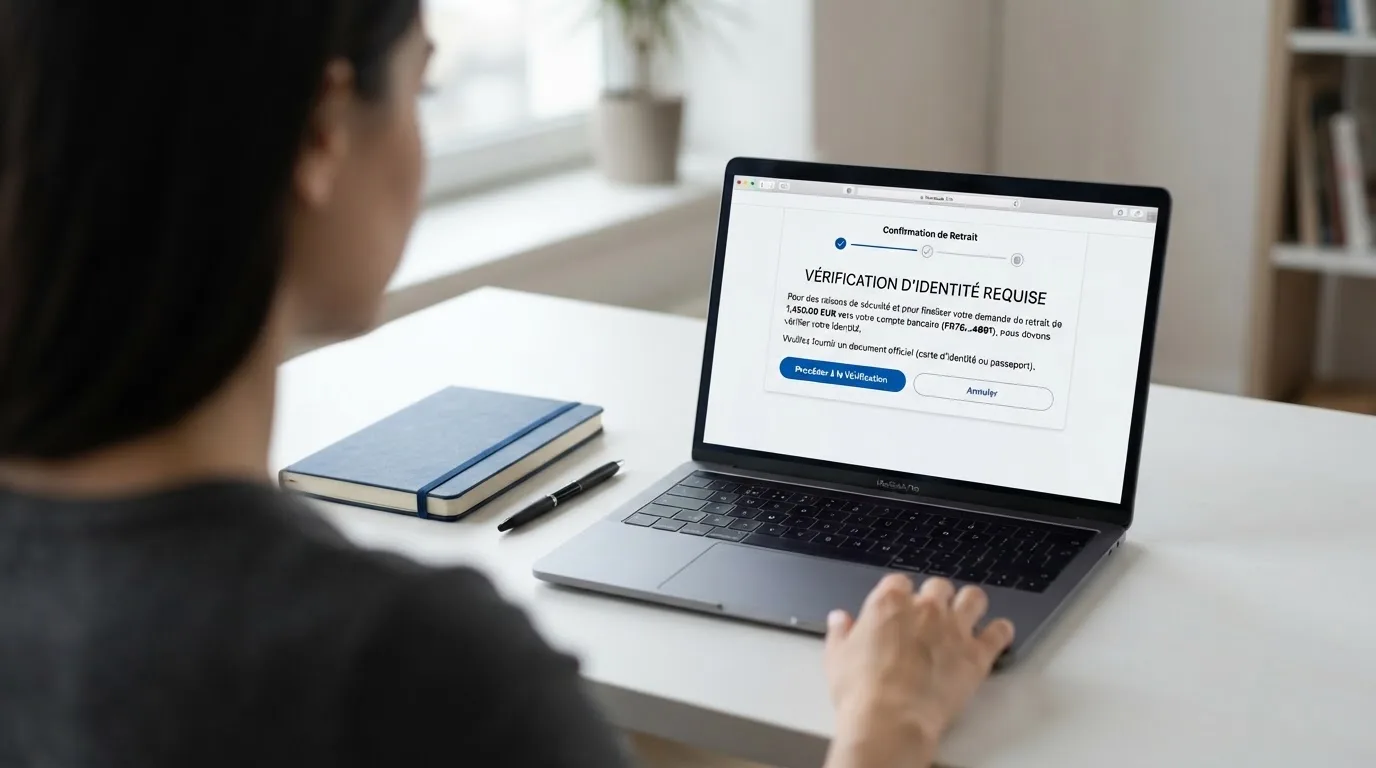 Formulaire de retrait en ligne affichant une demande de justificatif avant validation du paiement
